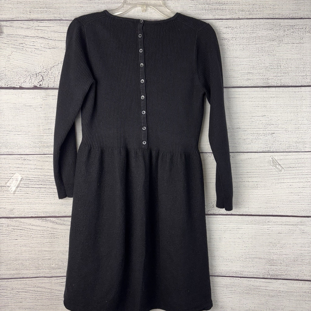 Boden Black Wool Blend Knit Fit & Flare Dress Sz 12 Long Sleeve Back Button Rib - Picture 5 of 9